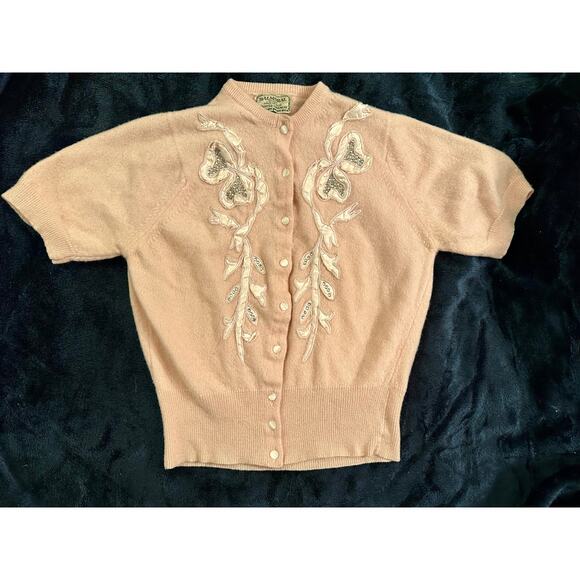 VINTAGE PEACH BALMORAL CASHMERE RHINESTONES & RIBBON TRIM CARDIGAN SWEATER - Picture 11 of 11